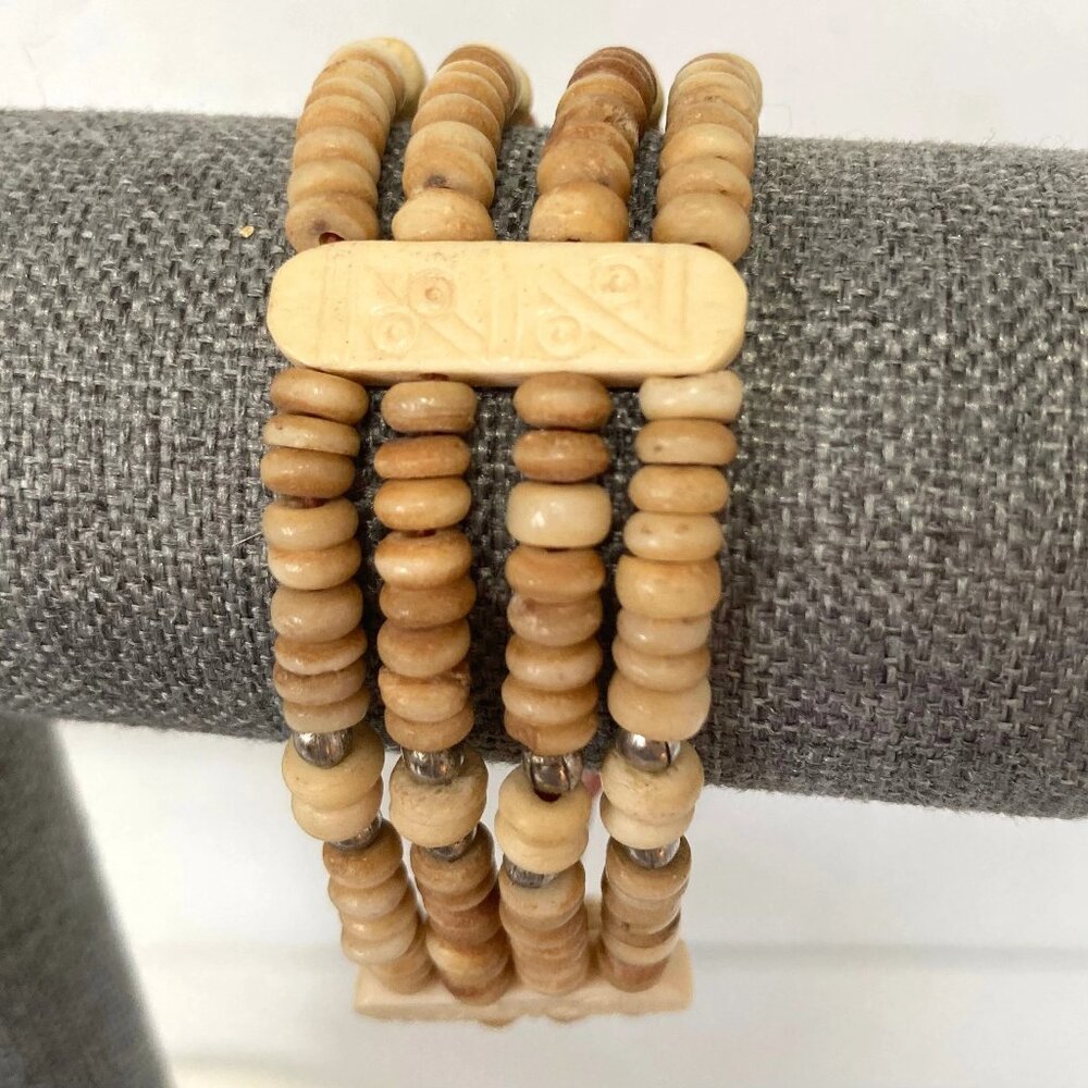 Ethnic Bracelet Carved Polished Bovine Tribal Ethnic Boho Bead Beige Tan 8 inch